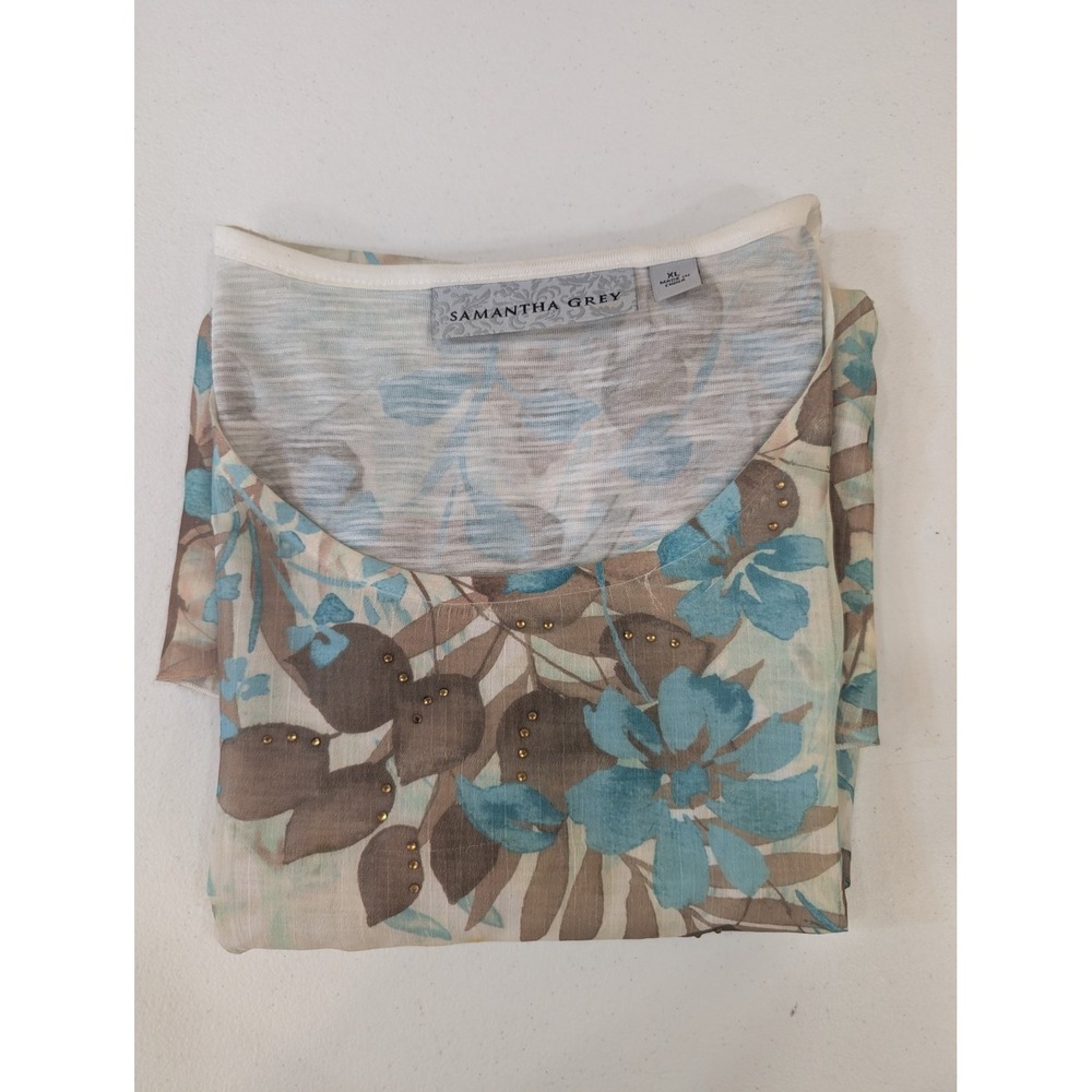 SAMANTHA GREY XL‎ Floral Top Blue Brown Sheer Layered Short Sleeve Shirt - Picture 4 of 4